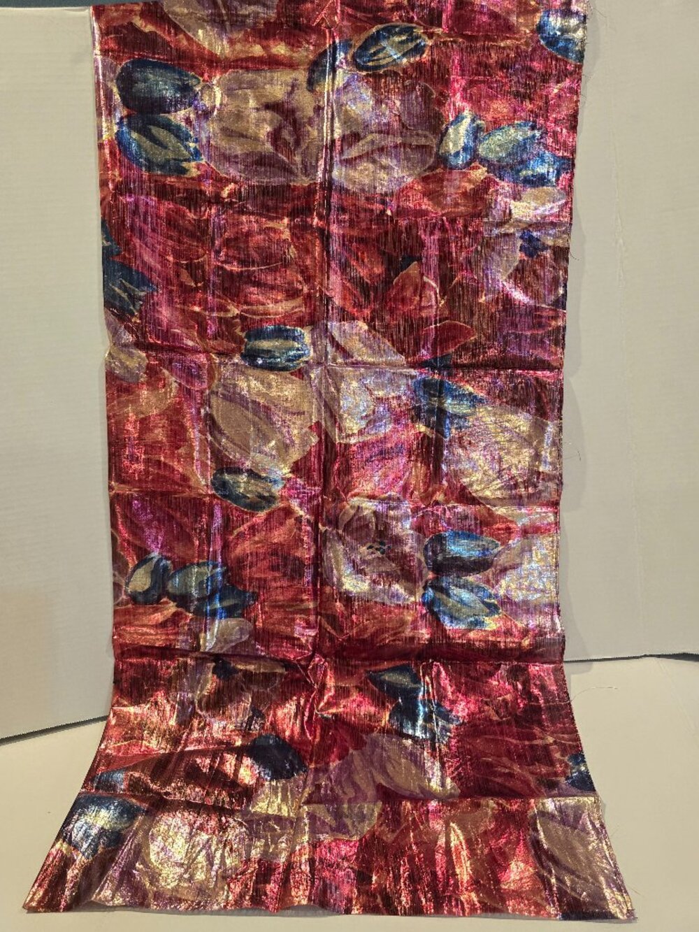 Scarf Metallic Burgandy Blue Purple Tan Tulips Reverse Gold 1980s Handmade